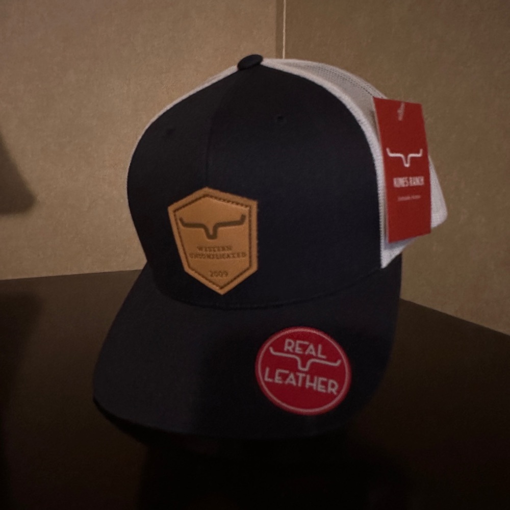 NWT Kimes Ranch trucker ball cap with leather detail snapback blue front